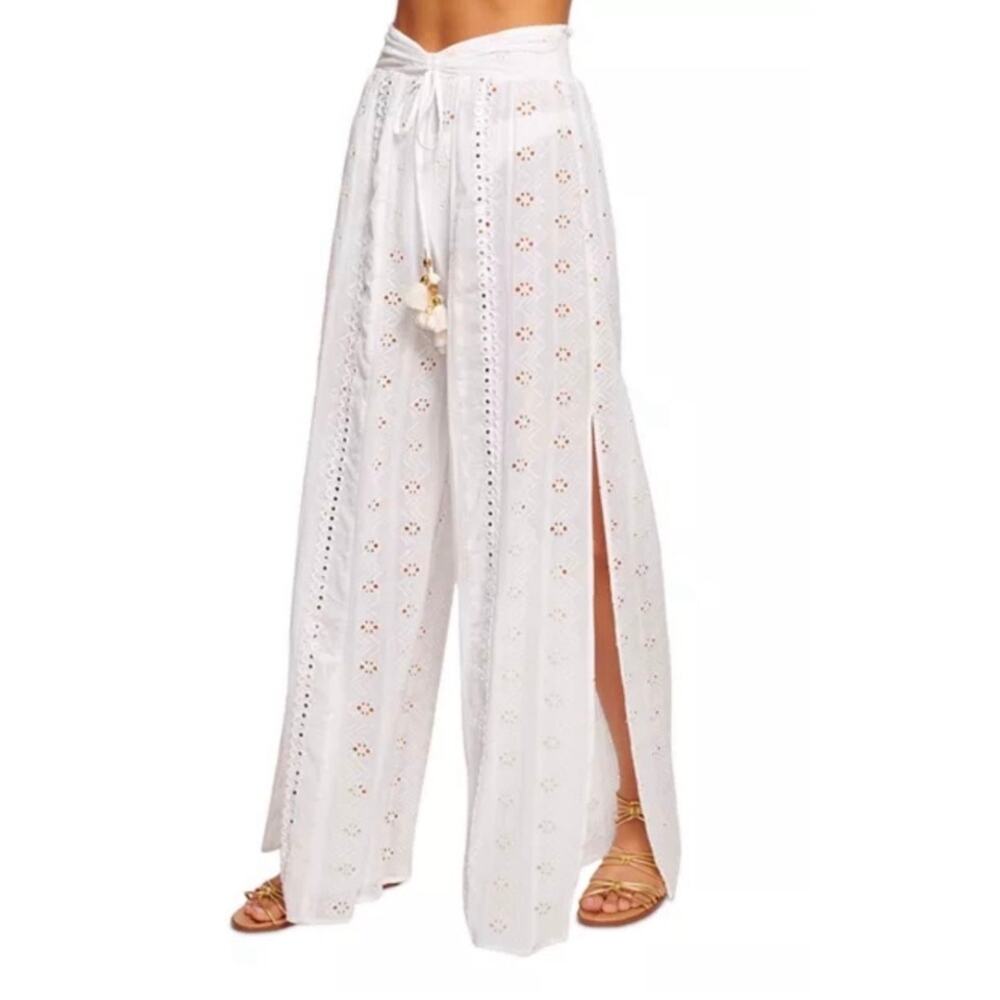 Ramy Brook Adelia Side Split Eyelet Designer Cover-Up Wide Leg Pants White XL